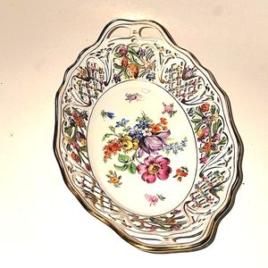 SCHUMANN BAVARIA PIERCED FLORAL CANDY DISH HAND PAINTED VINTAGE